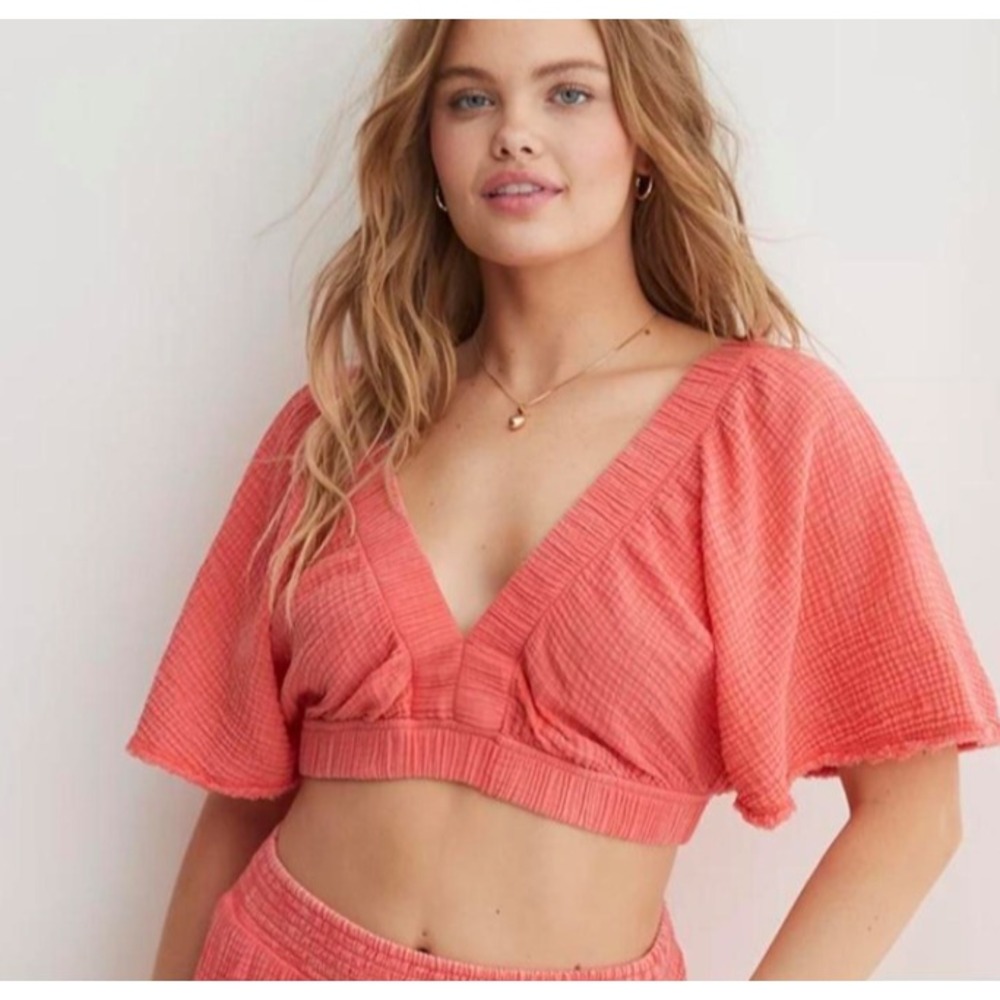 Aerie Pool To Party Cover Up Flutter Sleeve Cropped Shirt Sz M Gauze Pink‎ Beach